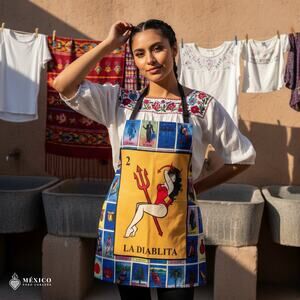 Mexican Lotería Bib Apron – Cotton Traditional Apron with Colorful Folk Design
